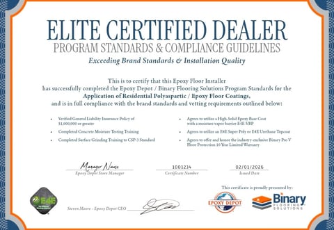 Elite Certified Dealer certificate for Epoxy Floor Installer with program standards and compliance guidelines for polyurethane epoxy floor coatings